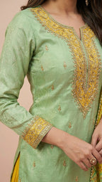 Pistachio Green & Mustard Yellow Jacquard Silk Sharara Set