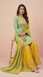 Pistachio Green & Mustard Yellow Jacquard Silk Sharara Set
