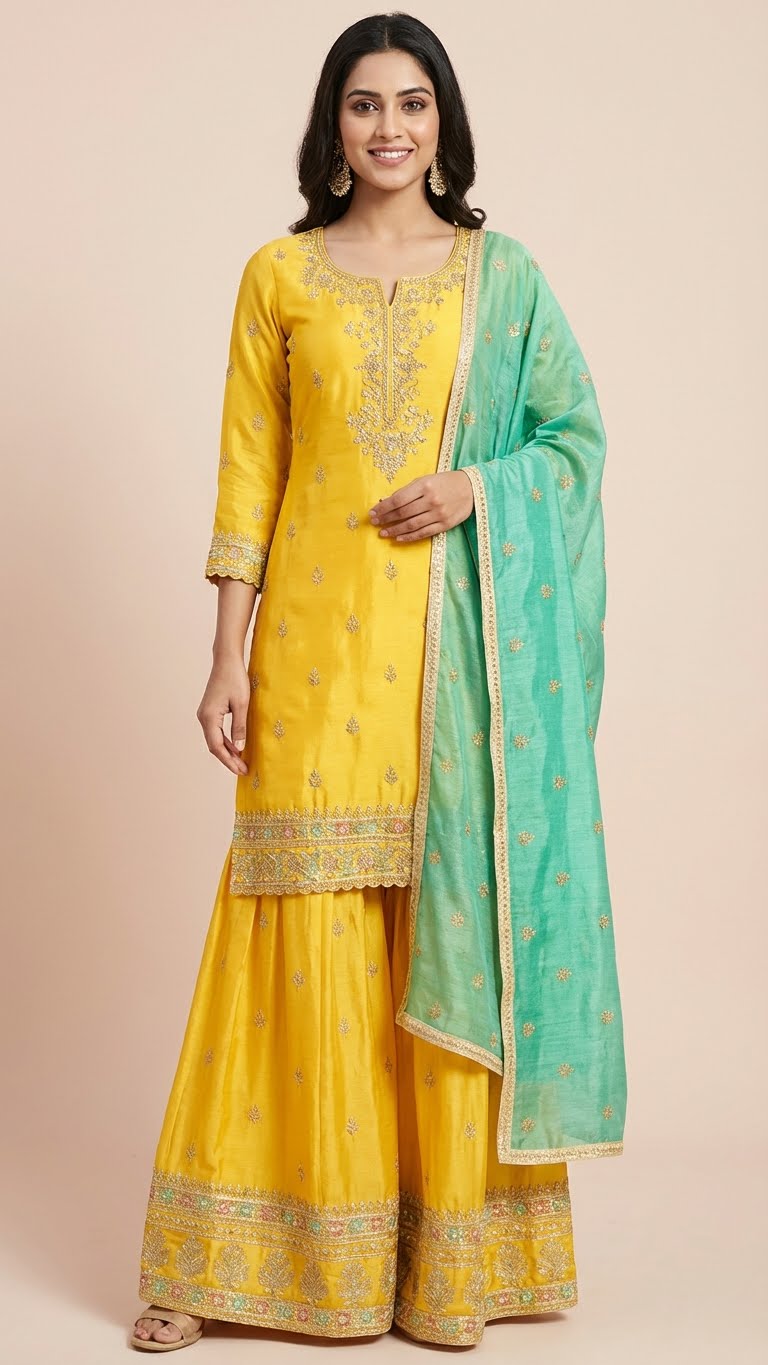 Canary Yellow & Seafoam Simar Silk Sharara Set