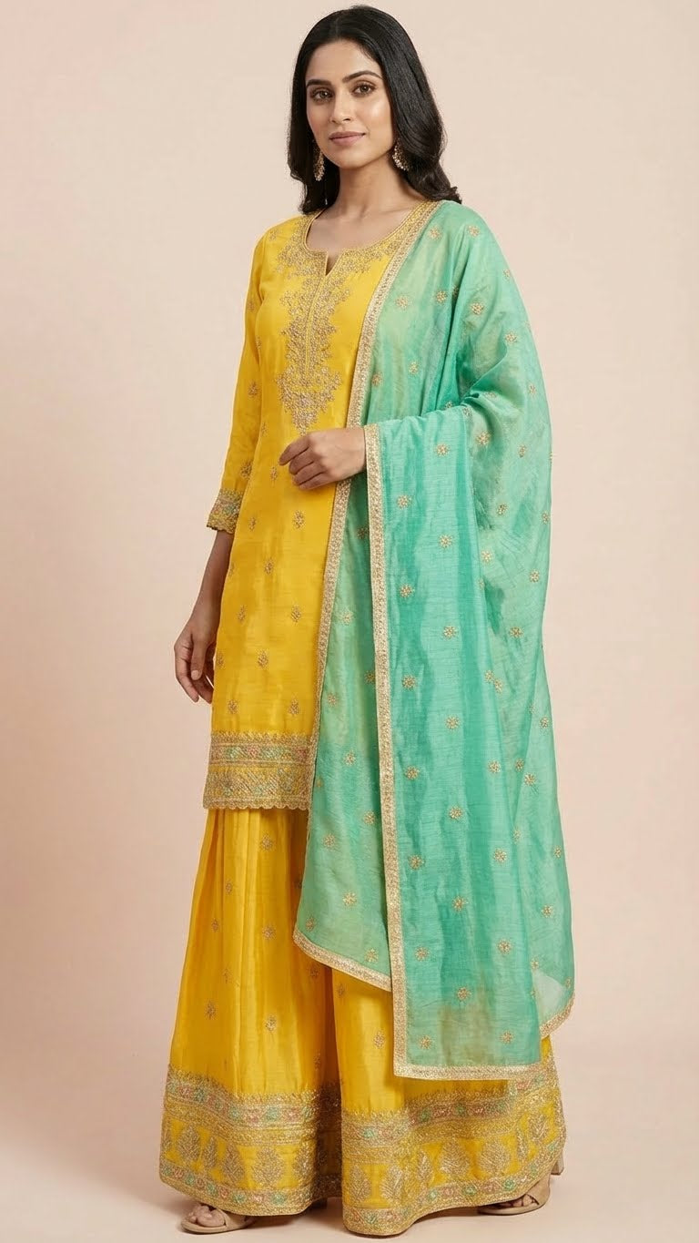 Canary Yellow & Seafoam Simar Silk Sharara Set
