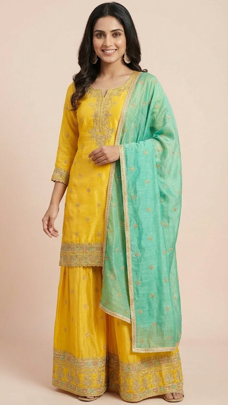 Canary Yellow & Seafoam Simar Silk Sharara Set