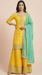 Canary Yellow & Seafoam Simar Silk Sharara Set