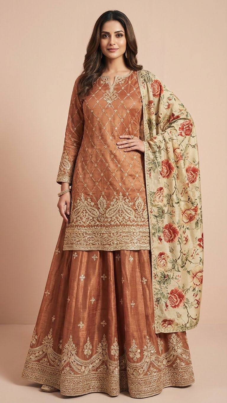 Copper Rust & Cream Jacquard Silk Sharara Set