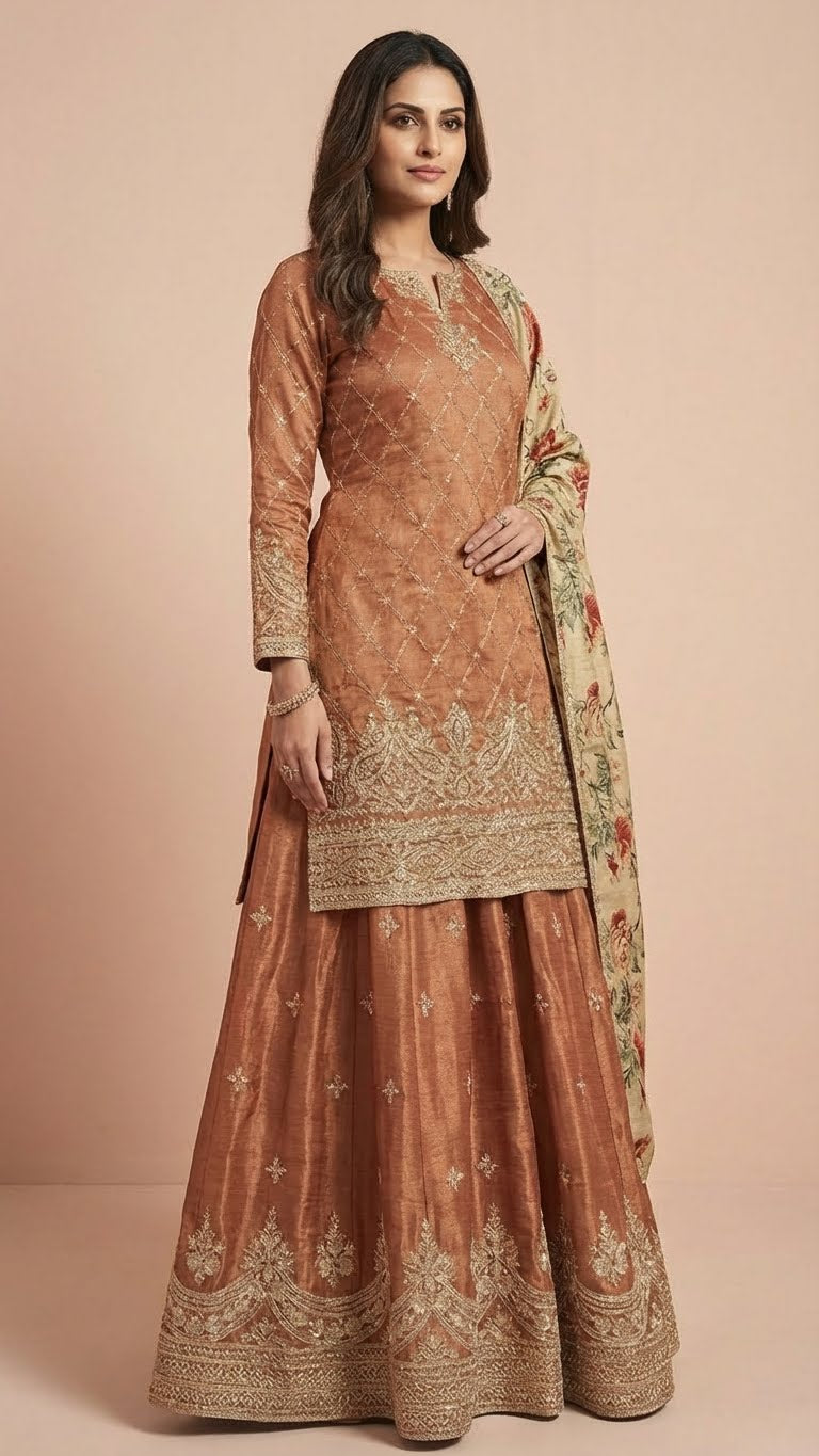 Copper Rust & Cream Jacquard Silk Sharara Set