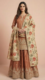 Copper Rust & Cream Jacquard Silk Sharara Set