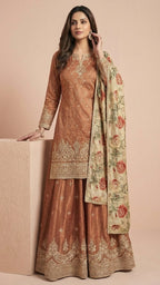 Copper Rust & Cream Jacquard Silk Sharara Set