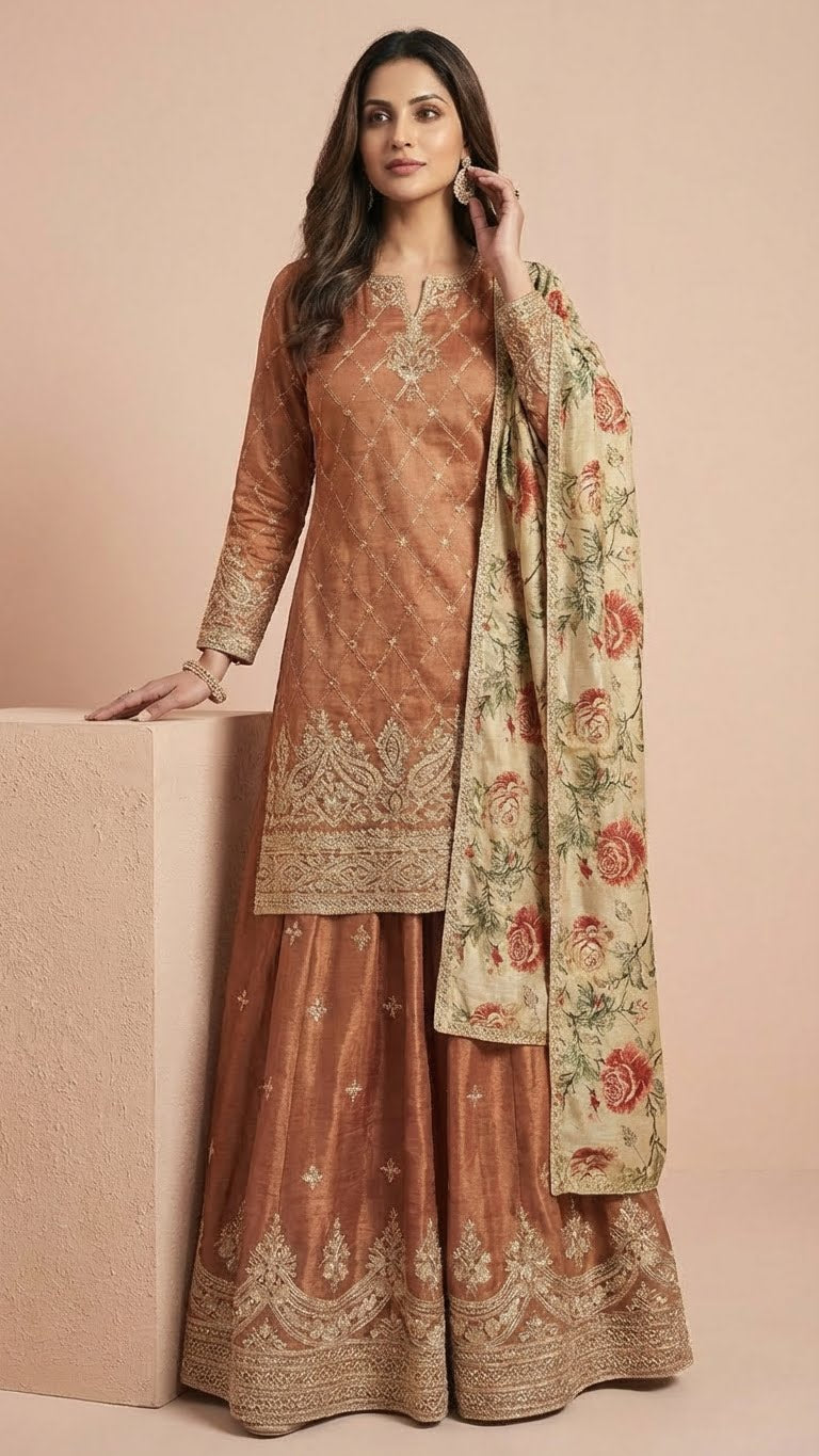 Copper Rust & Cream Jacquard Silk Sharara Set