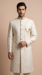 Ivory Embroidered Silk Sherwani with Pastel Accents