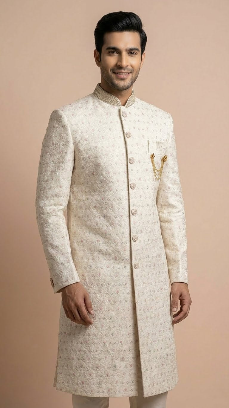 Ivory Embroidered Silk Sherwani with Pastel Accents