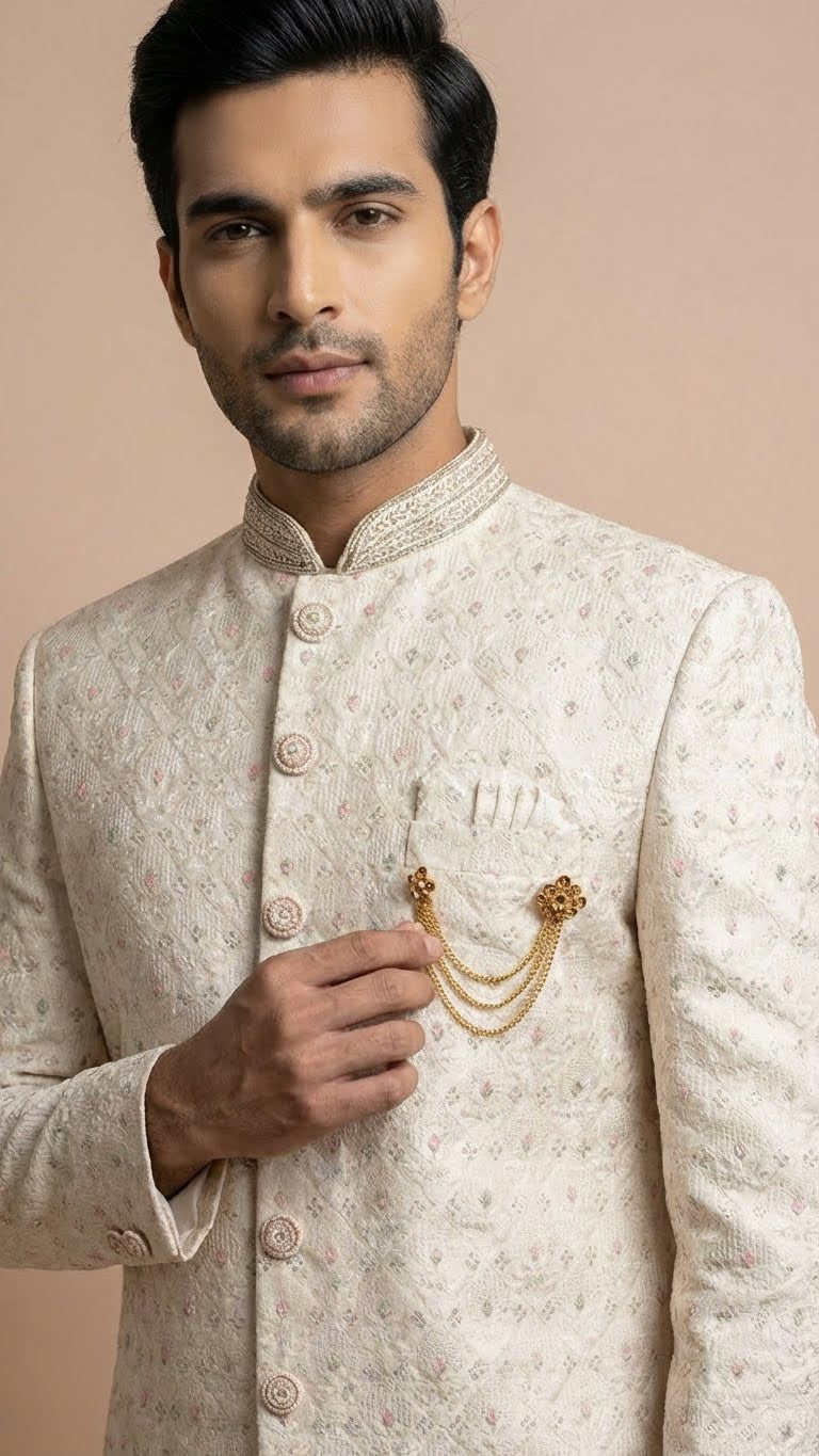Ivory Embroidered Silk Sherwani with Pastel Accents