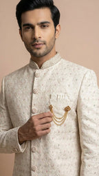 Ivory Embroidered Silk Sherwani with Pastel Accents