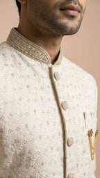 Ivory Embroidered Silk Sherwani with Pastel Accents