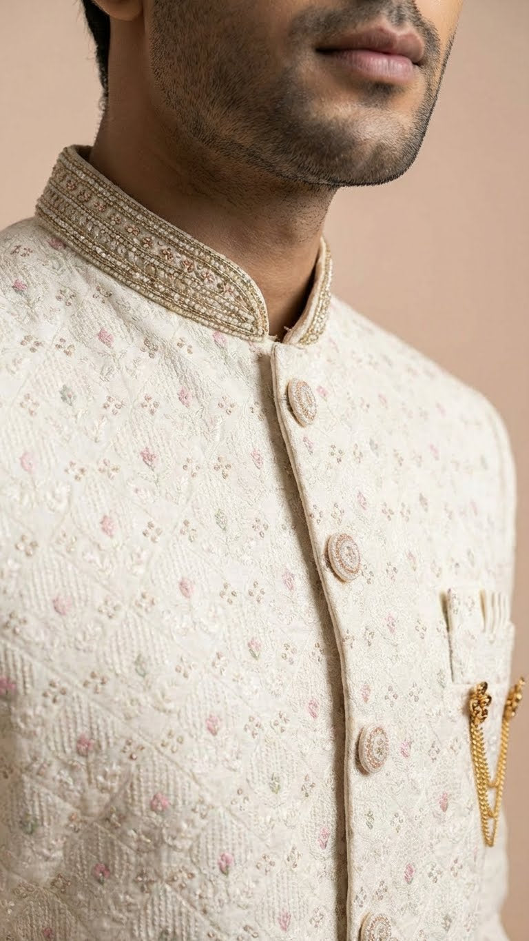 Ivory Embroidered Silk Sherwani with Pastel Accents