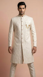 Ivory Embroidered Silk Sherwani with Pastel Accents