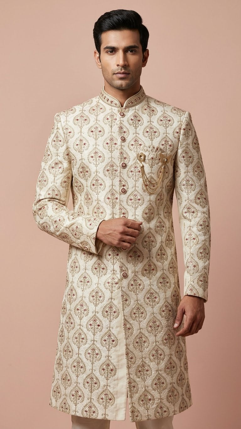 Cream Embroidered Silk Wedding Sherwani Set