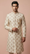 Cream Embroidered Silk Wedding Sherwani Set