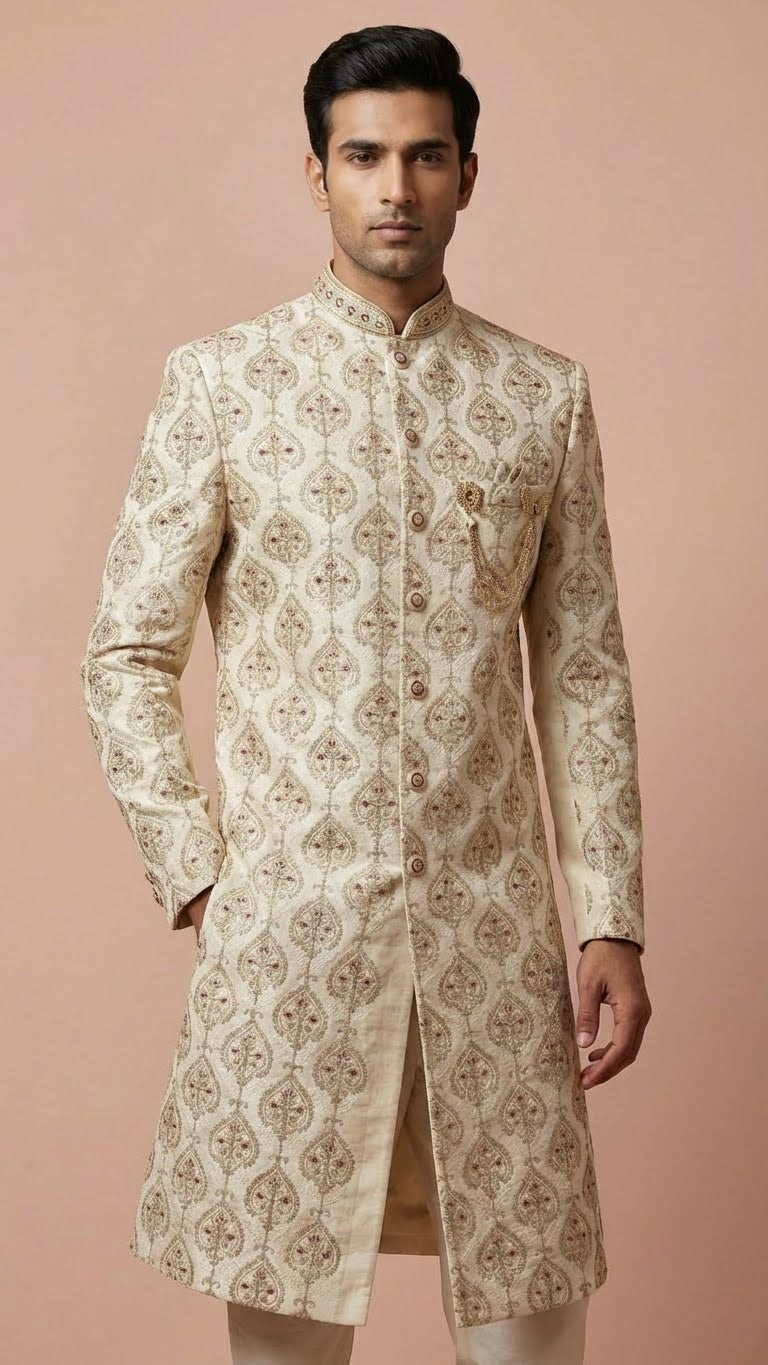 Cream Embroidered Silk Wedding Sherwani Set