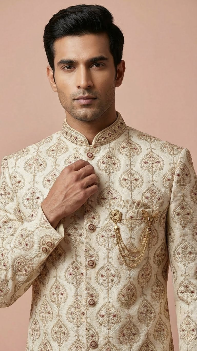 Cream Embroidered Silk Wedding Sherwani Set
