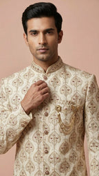 Cream Embroidered Silk Wedding Sherwani Set
