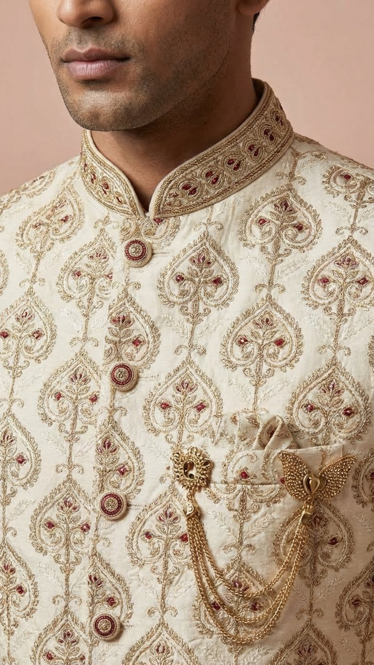 Cream Embroidered Silk Wedding Sherwani Set