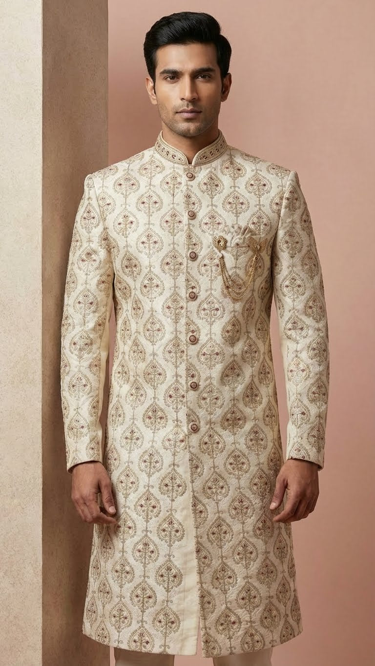 Cream Embroidered Silk Wedding Sherwani Set