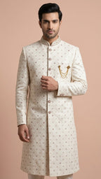 Ivory Embroidered Men’s Sherwani with Intricate Threadwork