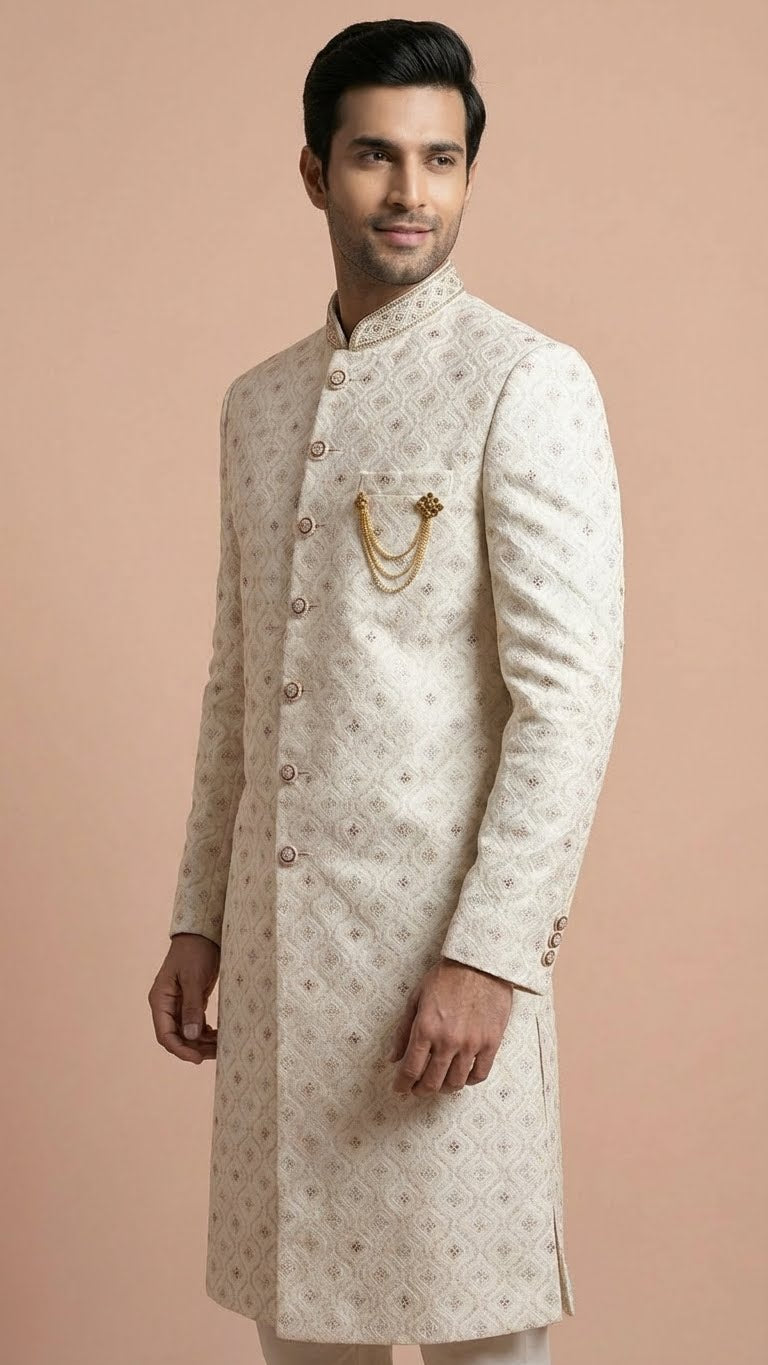 Ivory Embroidered Men’s Sherwani with Intricate Threadwork