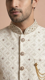 Ivory Embroidered Men’s Sherwani with Intricate Threadwork