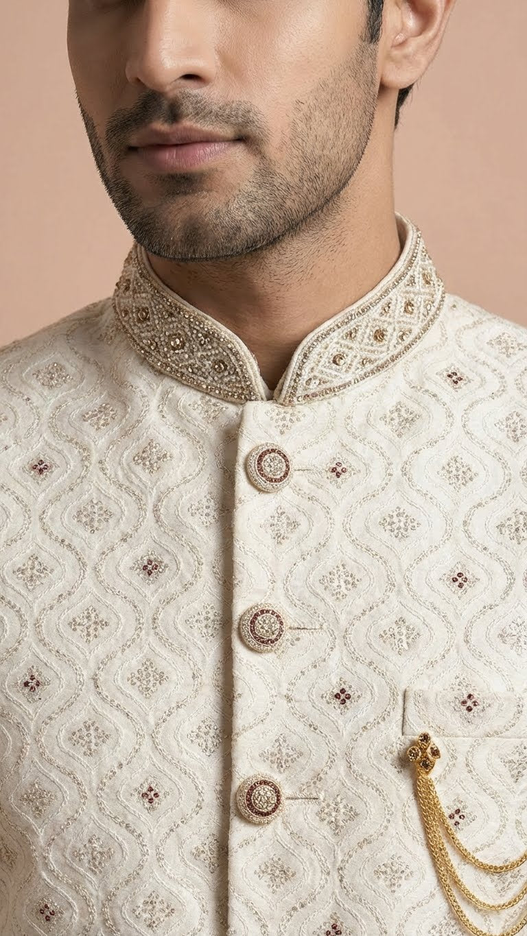 Ivory Embroidered Men’s Sherwani with Intricate Threadwork