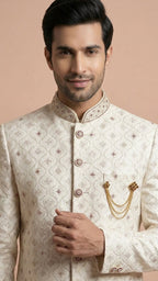 Ivory Embroidered Men’s Sherwani with Intricate Threadwork