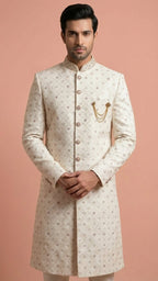 Ivory Embroidered Men’s Sherwani with Intricate Threadwork
