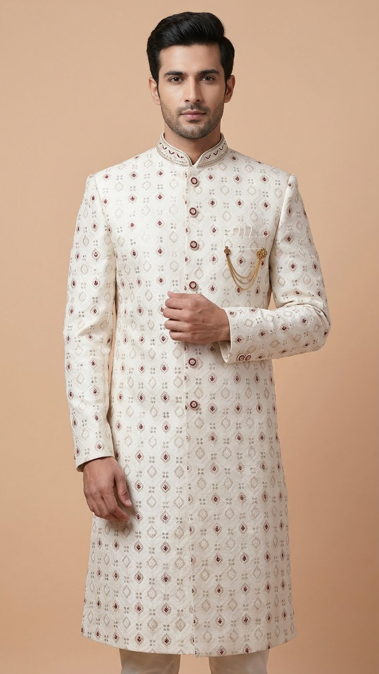 Off-White Embroidered Silk Sherwani with Geometric Motif