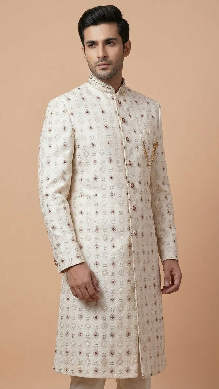 Off-White Embroidered Silk Sherwani with Geometric Motif