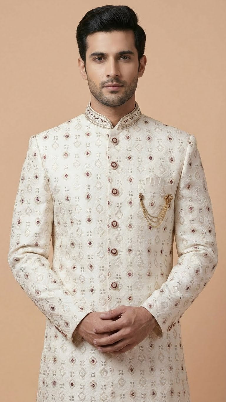 Off-White Embroidered Silk Sherwani with Geometric Motif