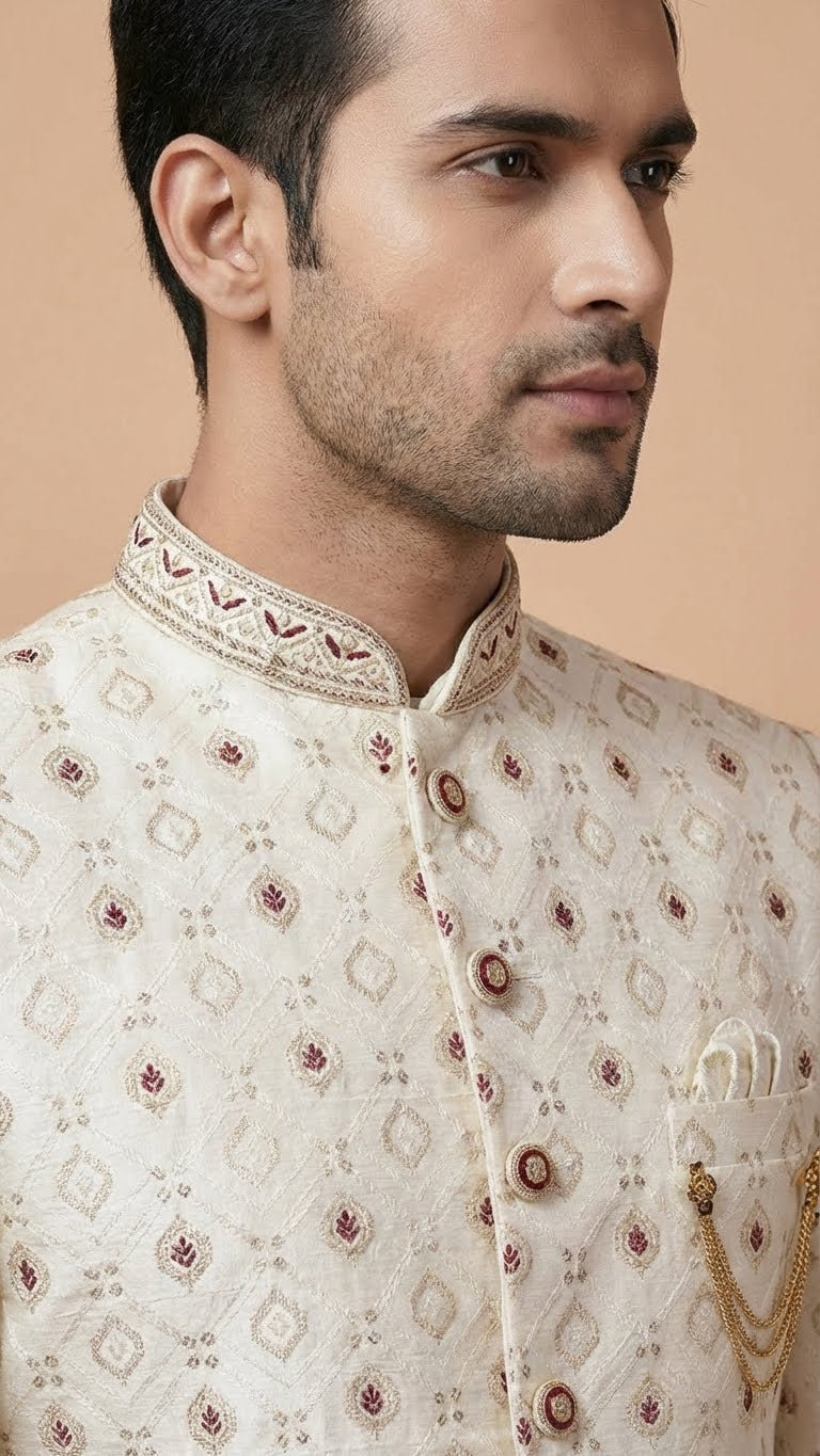 Off-White Embroidered Silk Sherwani with Geometric Motif