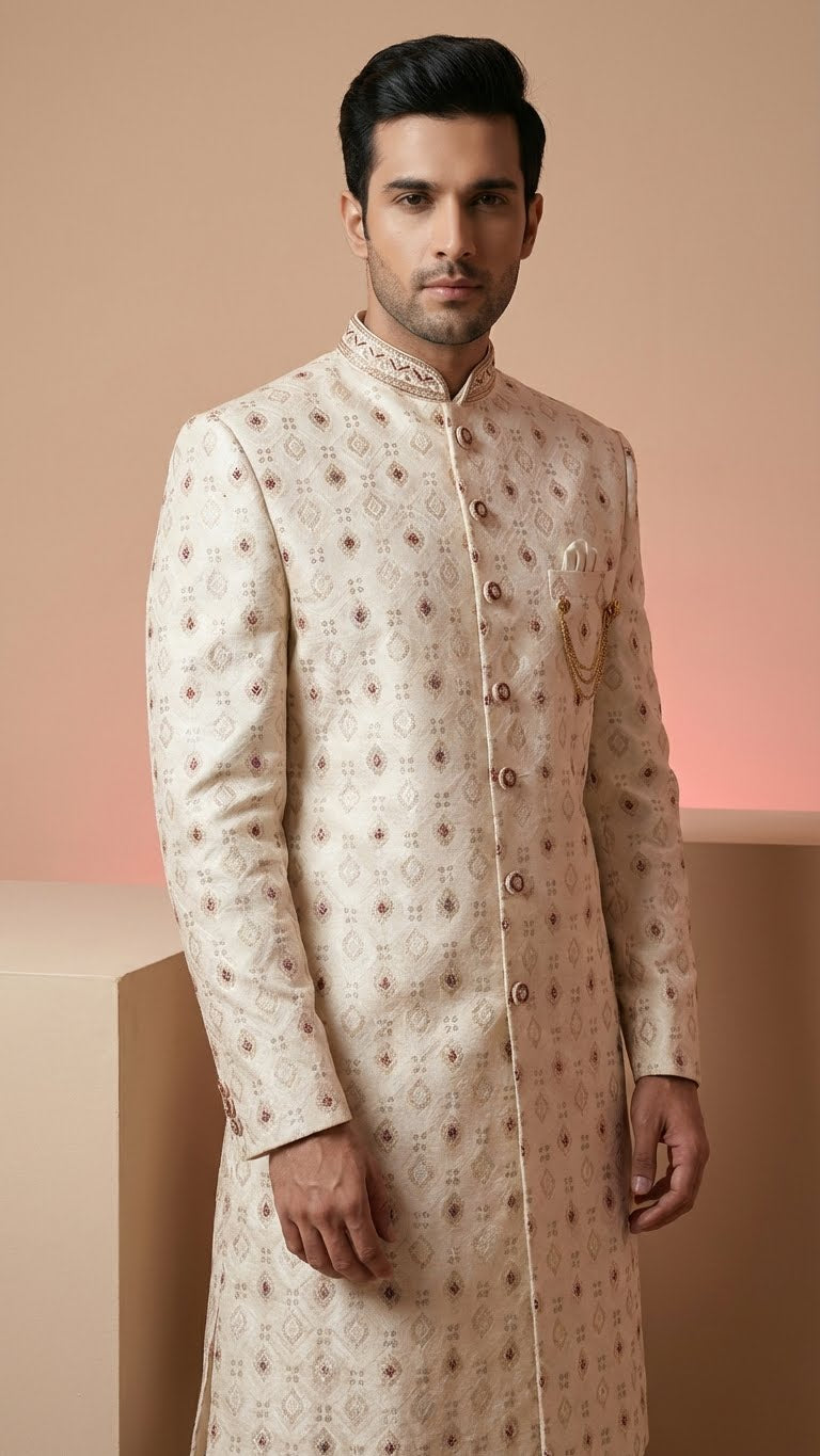 Off-White Embroidered Silk Sherwani with Geometric Motif