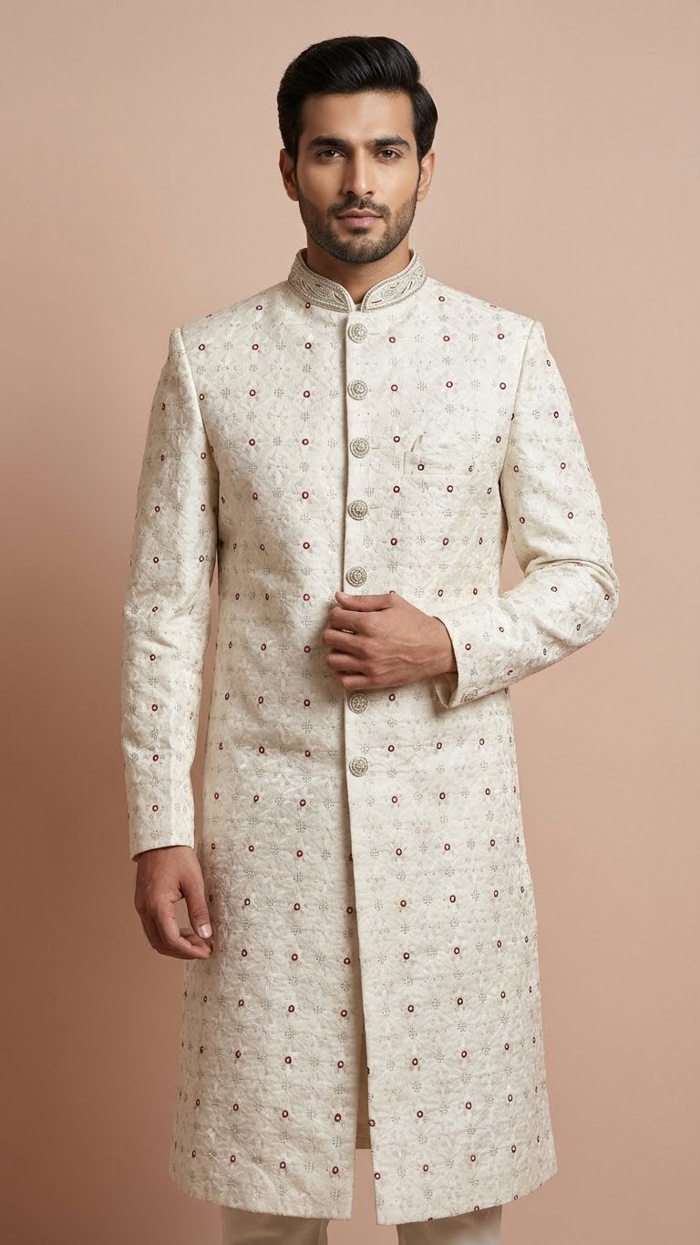 Off-White Embroidered Silk Sherwani with Intricate Handwork