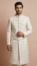 Off-White Embroidered Silk Sherwani with Intricate Handwork