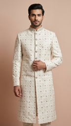 Off-White Embroidered Silk Sherwani with Intricate Handwork