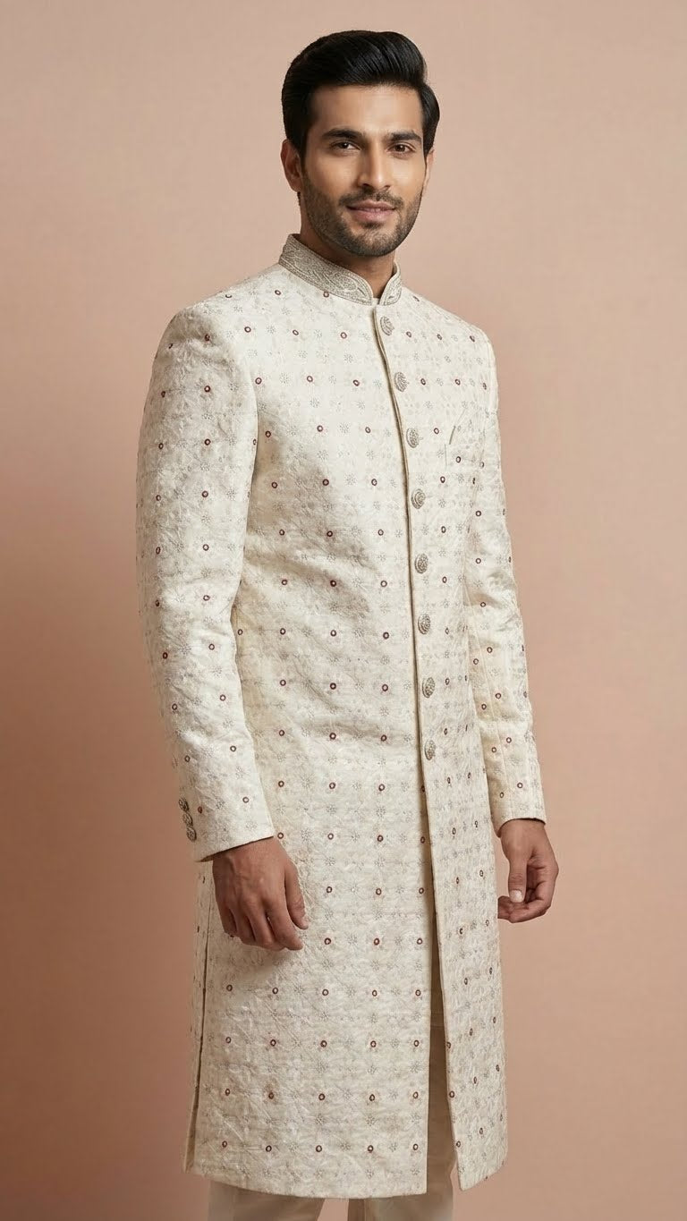 Off-White Embroidered Silk Sherwani with Intricate Handwork