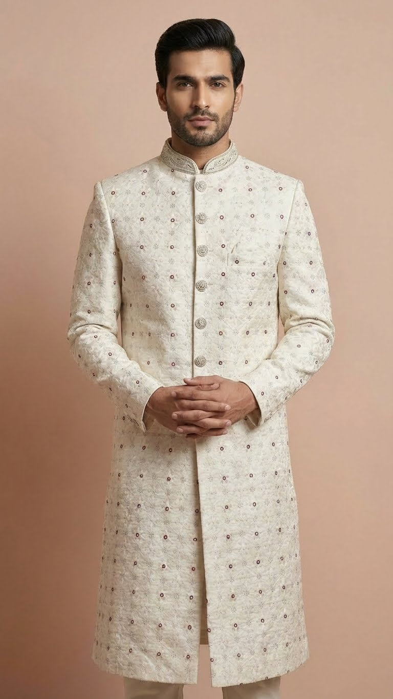 Off-White Embroidered Silk Sherwani with Intricate Handwork