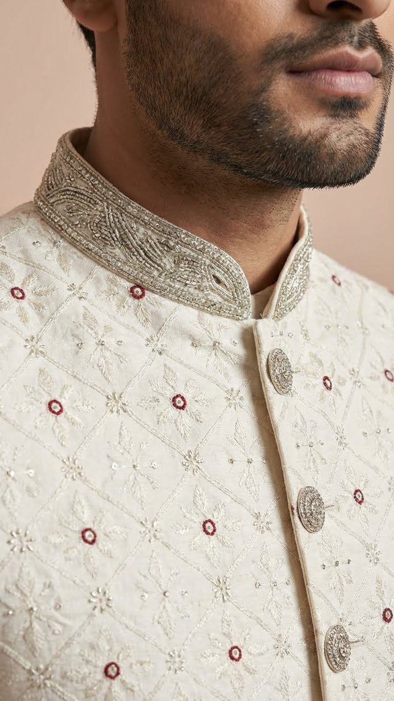 Off-White Embroidered Silk Sherwani with Intricate Handwork
