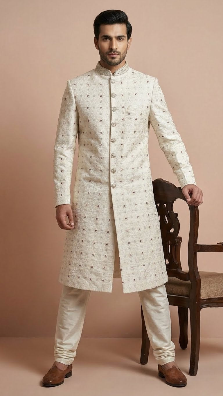 Off-White Embroidered Silk Sherwani with Intricate Handwork