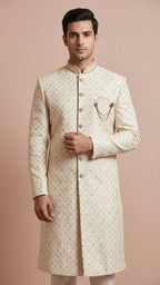 Cream Embroidered Silk Men's Sherwani with Brooch Detail