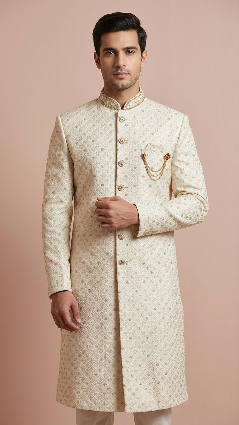 Cream Embroidered Silk Men's Sherwani with Brooch Detail