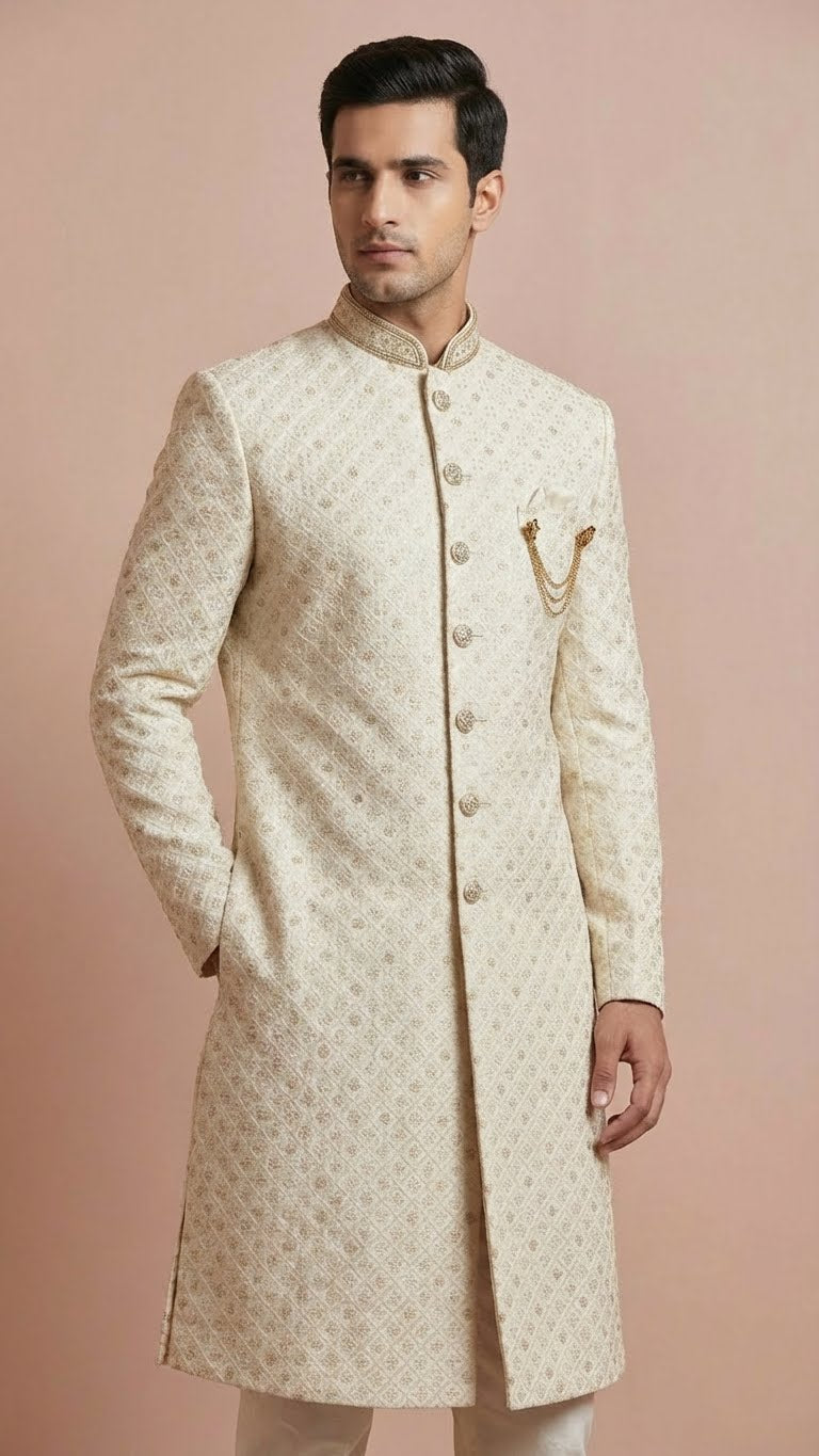 Cream Embroidered Silk Men's Sherwani with Brooch Detail