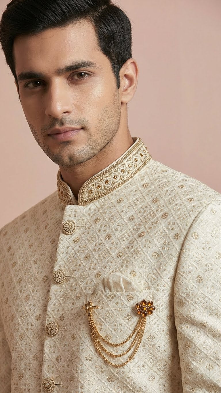 Cream Embroidered Silk Men's Sherwani with Brooch Detail