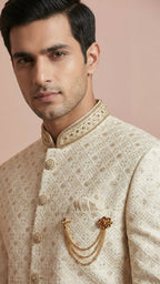 Cream Embroidered Silk Men's Sherwani with Brooch Detail