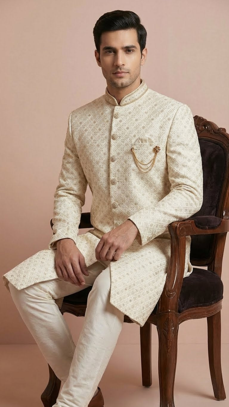 Cream Embroidered Silk Men's Sherwani with Brooch Detail