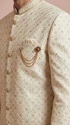 Cream Embroidered Silk Men's Sherwani with Brooch Detail